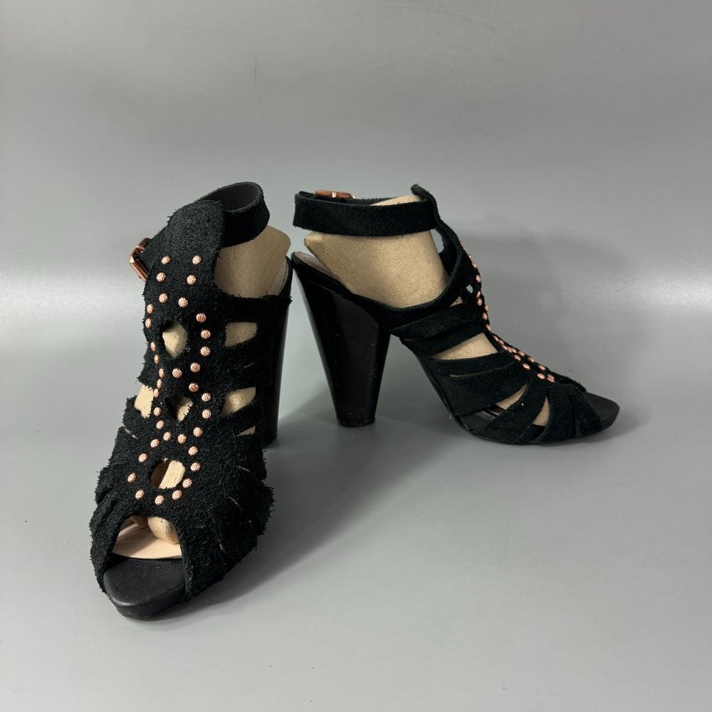 Sacha London Black Suede Ankle Strappy Heels, Size 7.5